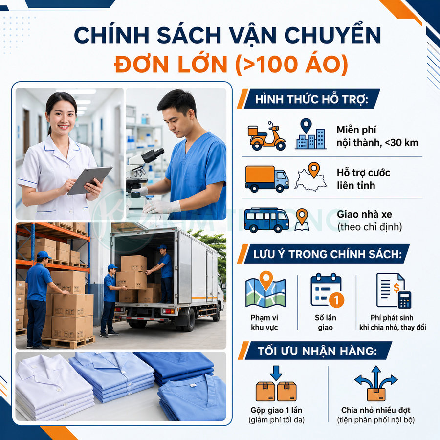 Chính sách vận chuyển đơn lớn hơn 100 áo đồng phục y tế và giao hàng cho khách doanh nghiệp