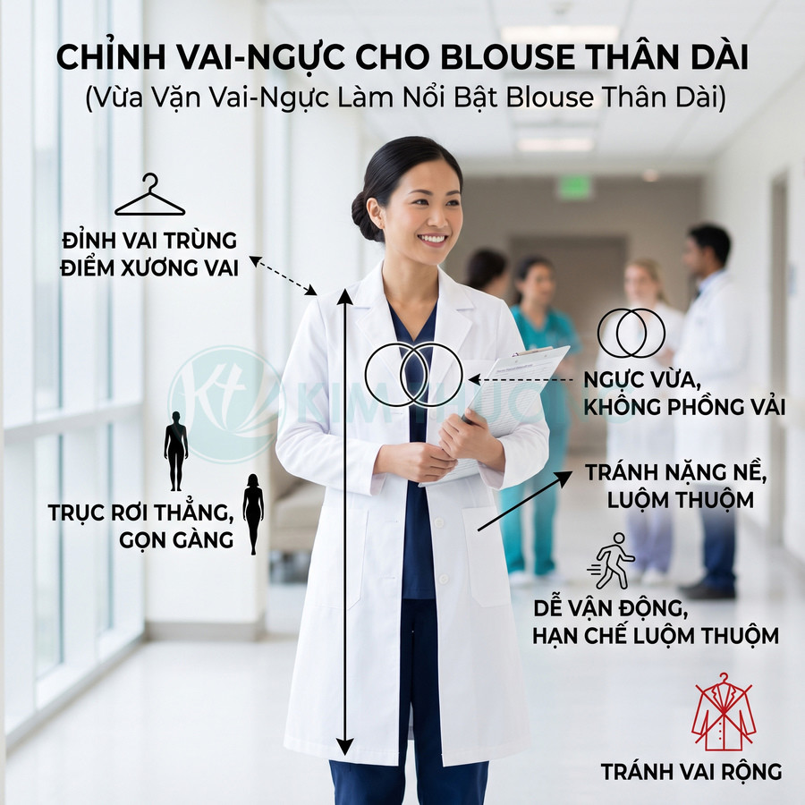 Bác sĩ nữ mặc blouse trắng thân dài vừa vặn vai ngực, đứng trong hành lang bệnh viện