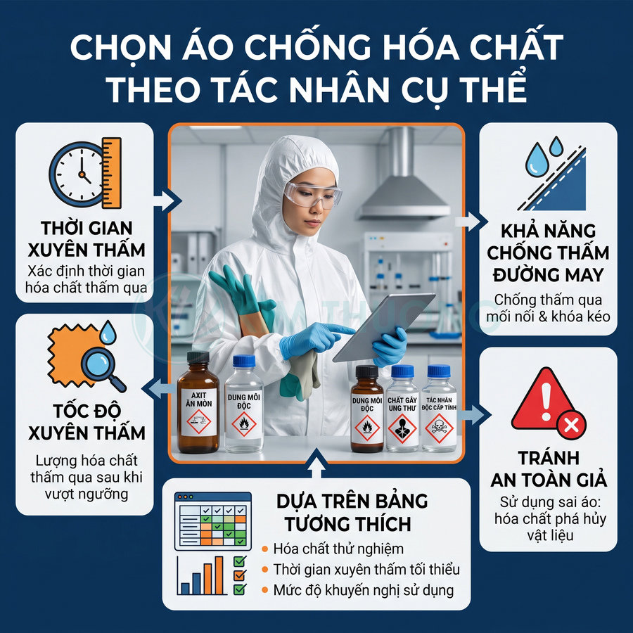 Nhân viên phòng thí nghiệm mặc áo chống hóa chất toàn thân kiểm tra mẫu dung dịch độc hại trên bàn làm việc