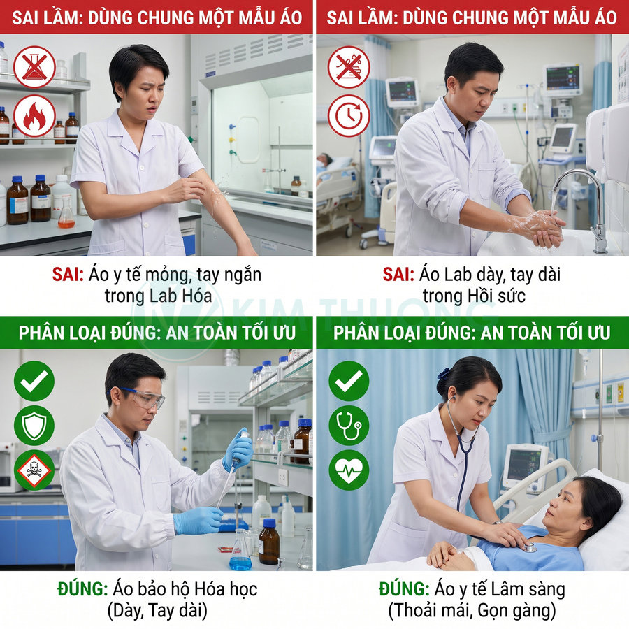 Áo bảo hộ hóa học dày tay dài và áo y tế lâm sàng gọn gàng, phù hợp với từng môi trường làm việc