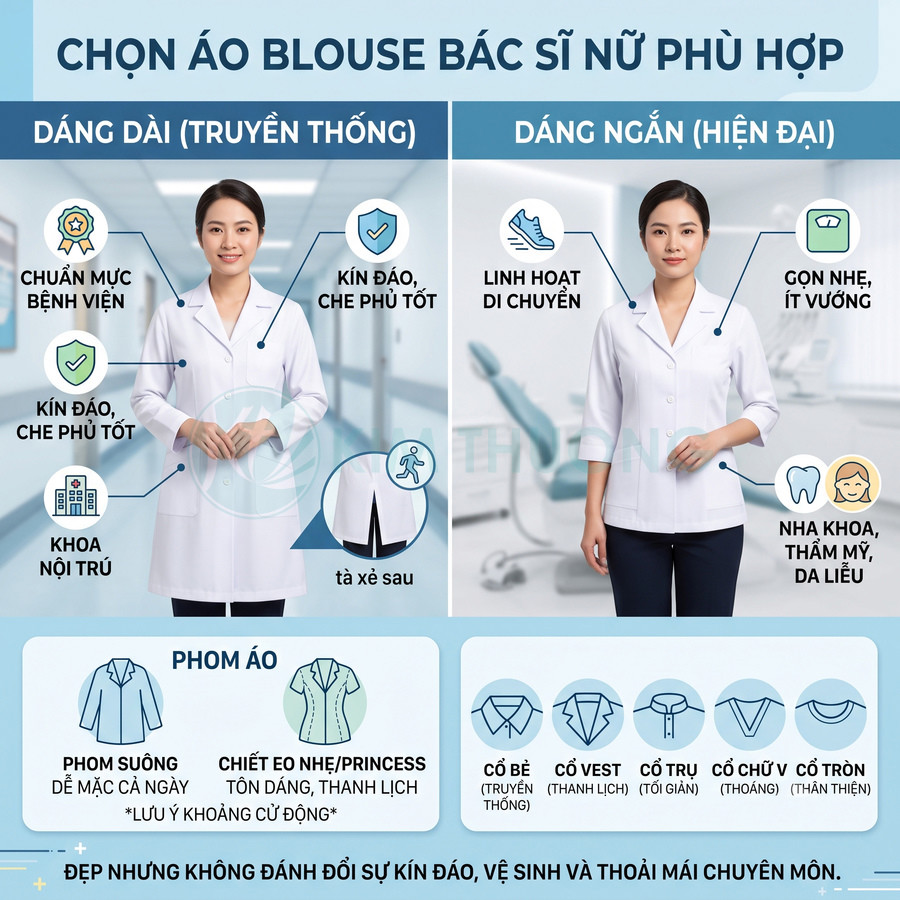 Áo blouse bác sĩ nữ có những kiểu dáng nào phổ biến?