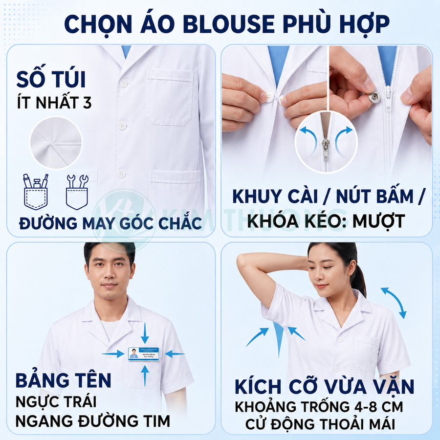 Hướng dẫn chọn áo blouse y tế với nhiều túi, khuy cài chắc chắn, bảng tên ngực trái và kích cỡ vừa vặn