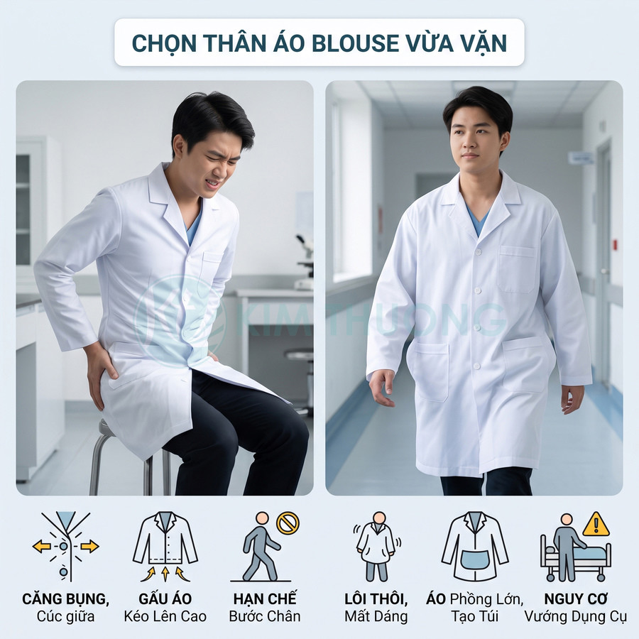 Bác sĩ nam mặc áo blouse trắng vừa vặn, dáng dài tay, cổ bẻ, di chuyển trong hành lang bệnh viện