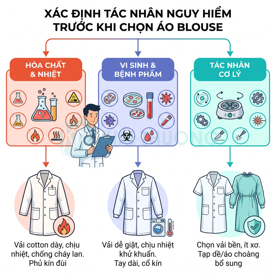 Áo blouse phòng thí nghiệm và các loại vải bảo hộ phù hợp với hóa chất, vi sinh và tác nhân cơ lý
