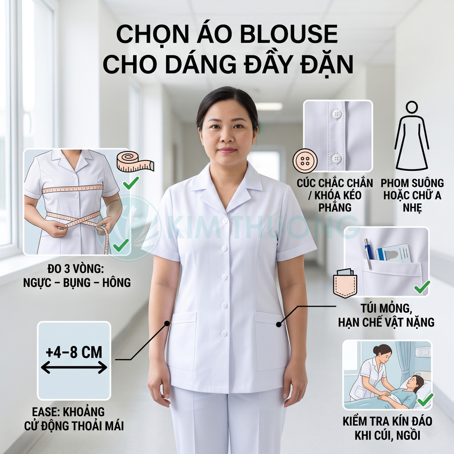 Nữ y tá mặc áo blouse trắng dáng suông cho người đầy đặn với túi áo và hàng cúc chắc chắn