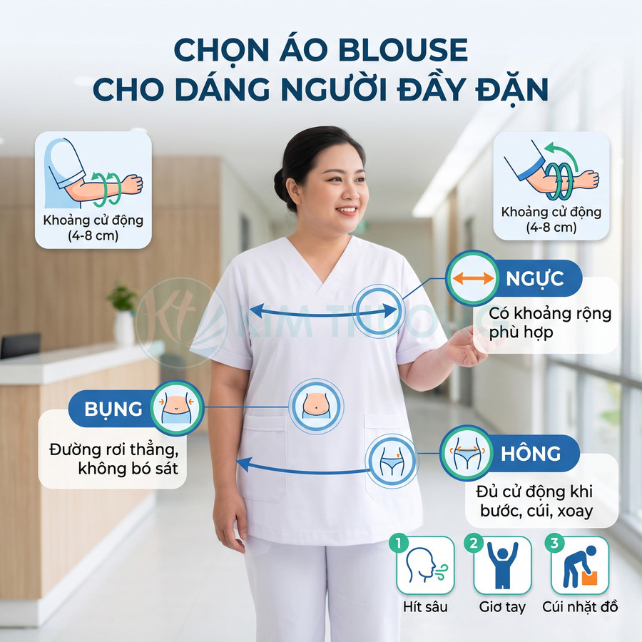Nữ y tá mặc áo blouse trắng rộng rãi, thoải mái cho người dáng đầy đặn trong bệnh viện