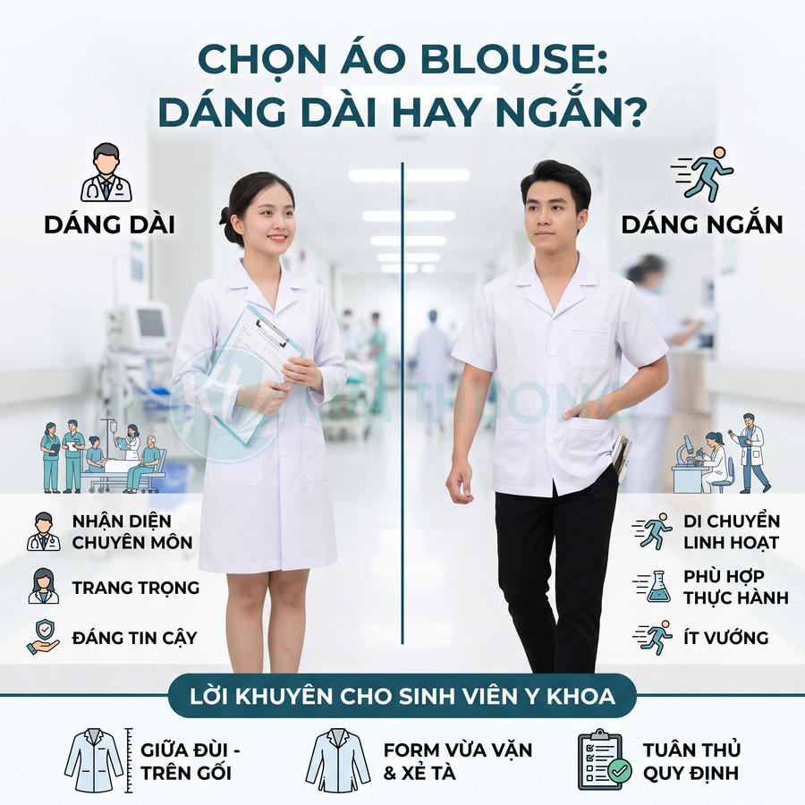 Sinh viên y khoa mặc áo blouse trắng dáng dài và dáng ngắn trong bệnh viện, so sánh ưu điểm từng kiểu