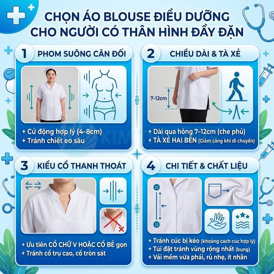 Hướng dẫn chọn áo blouse điều dưỡng cho người thân hình đầy đặn với phom suông, cổ V, tà xẻ và vải mềm mại