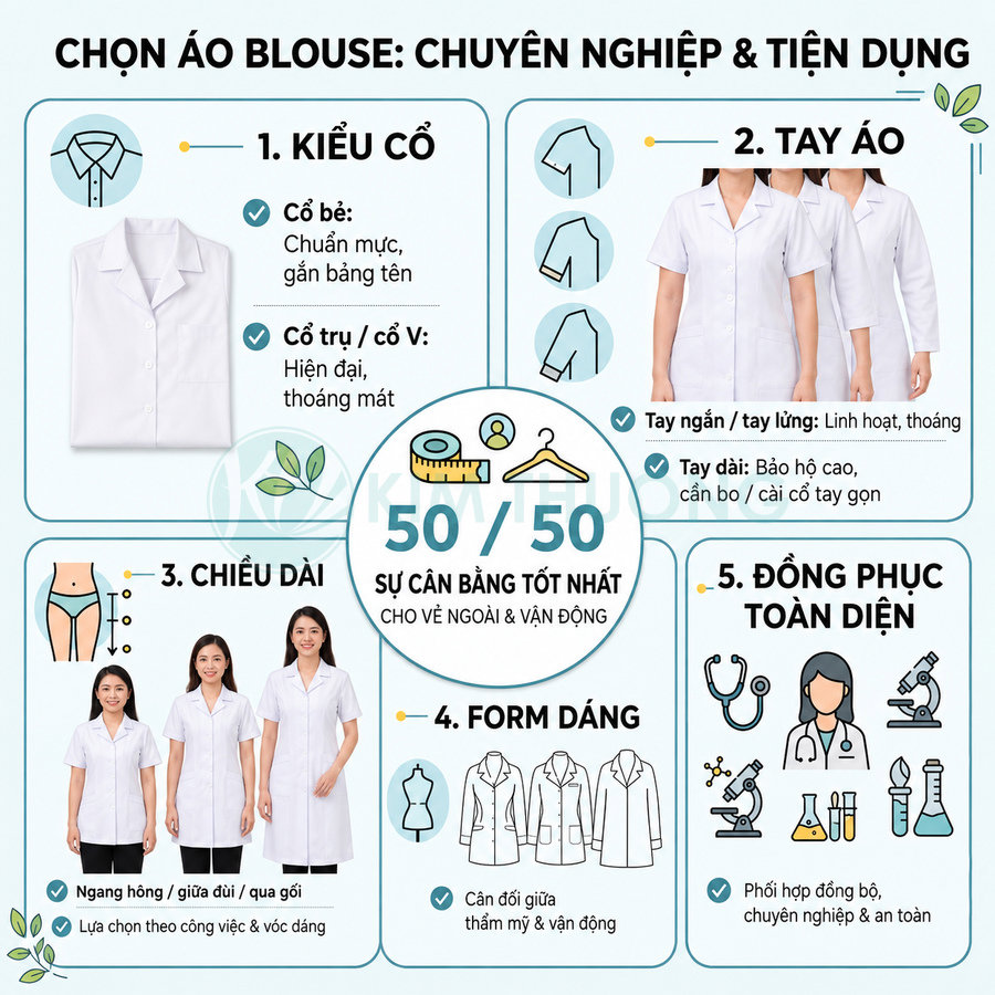 Hướng dẫn chọn áo blouse y tế trắng chuyên nghiệp với các kiểu cổ tay áo chiều dài và form dáng khác nhau