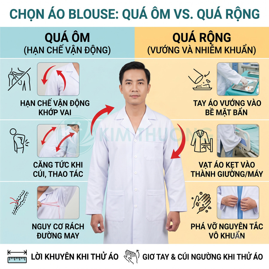 Bác sĩ nam mặc áo blouse trắng đứng giữa, minh họa so sánh áo blouse quá ôm và quá rộng