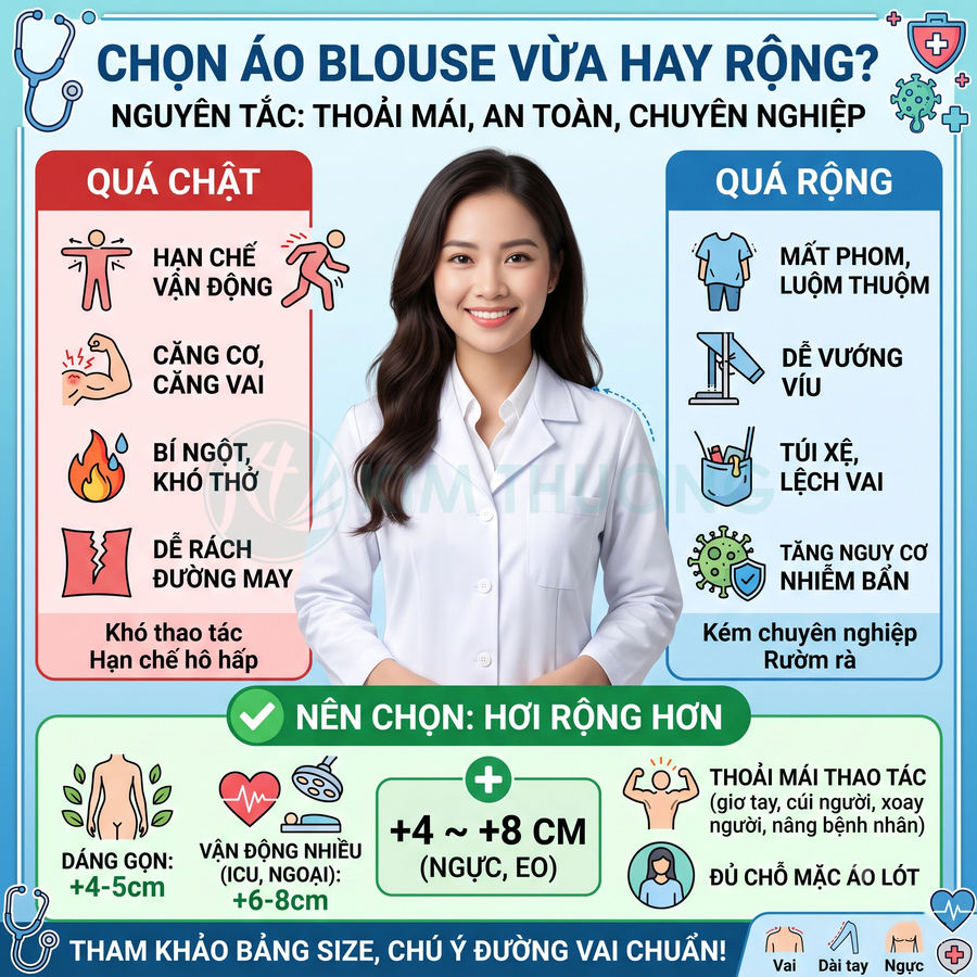 Nữ bác sĩ mặc áo blouse trắng vừa vặn, tư vấn chọn size áo blouse thoải mái và chuyên nghiệp