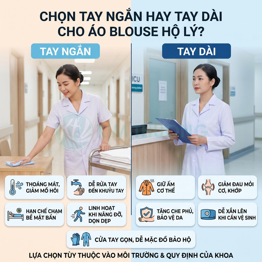 So sánh áo blouse hộ lý tay ngắn và tay dài màu trắng trong bệnh viện, nữ nhân viên y tế đang làm việc