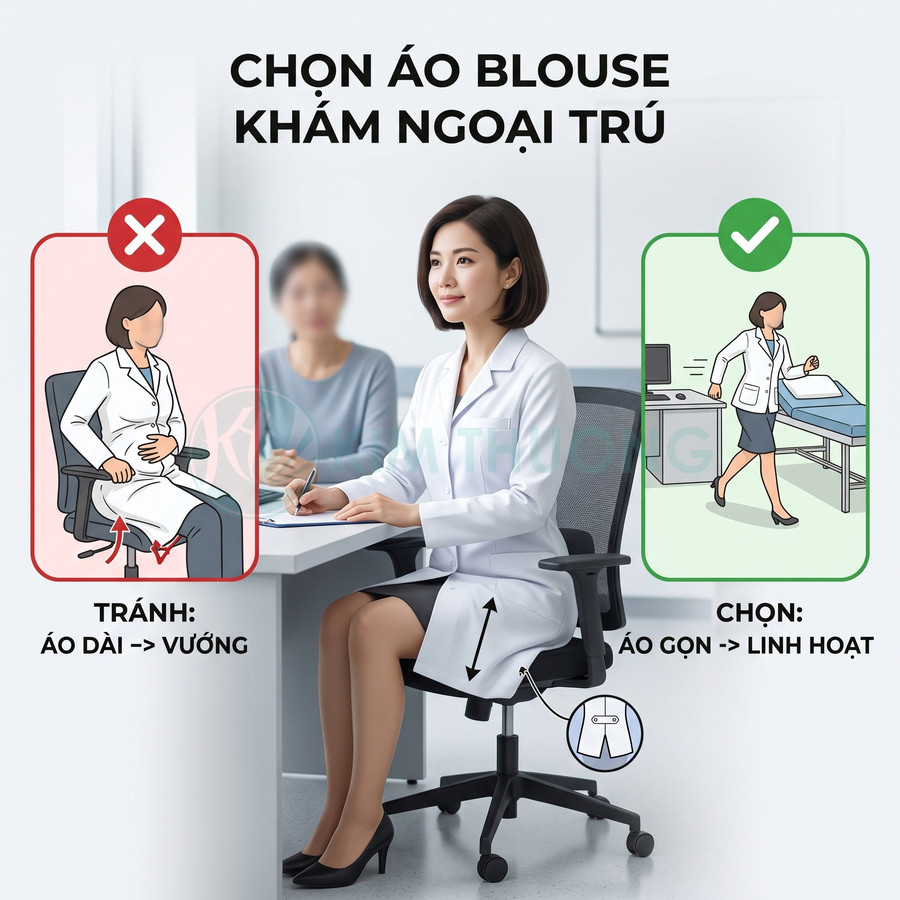 Bác sĩ nữ mặc áo blouse ngắn gọn gàng khi khám ngoại trú, minh họa so sánh áo dài vướng và áo gọn linh hoạt