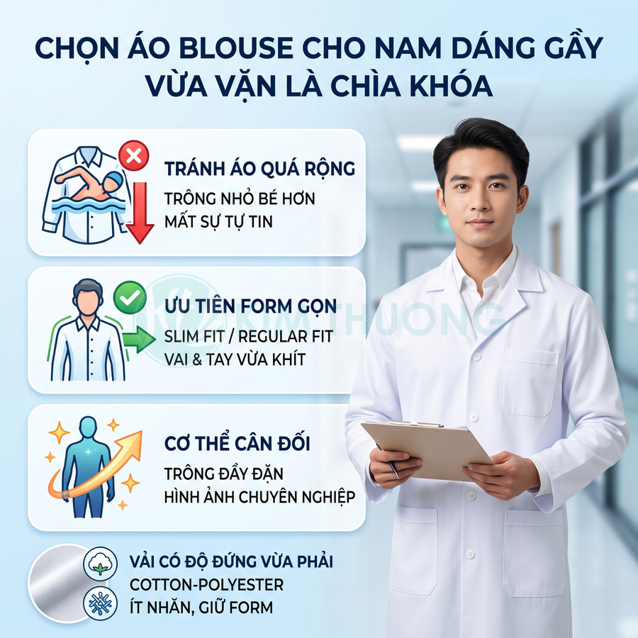 Áo blouse nam dáng gầy form gọn chất liệu cotton polyester đứng dáng cho bác sĩ chuyên nghiệp