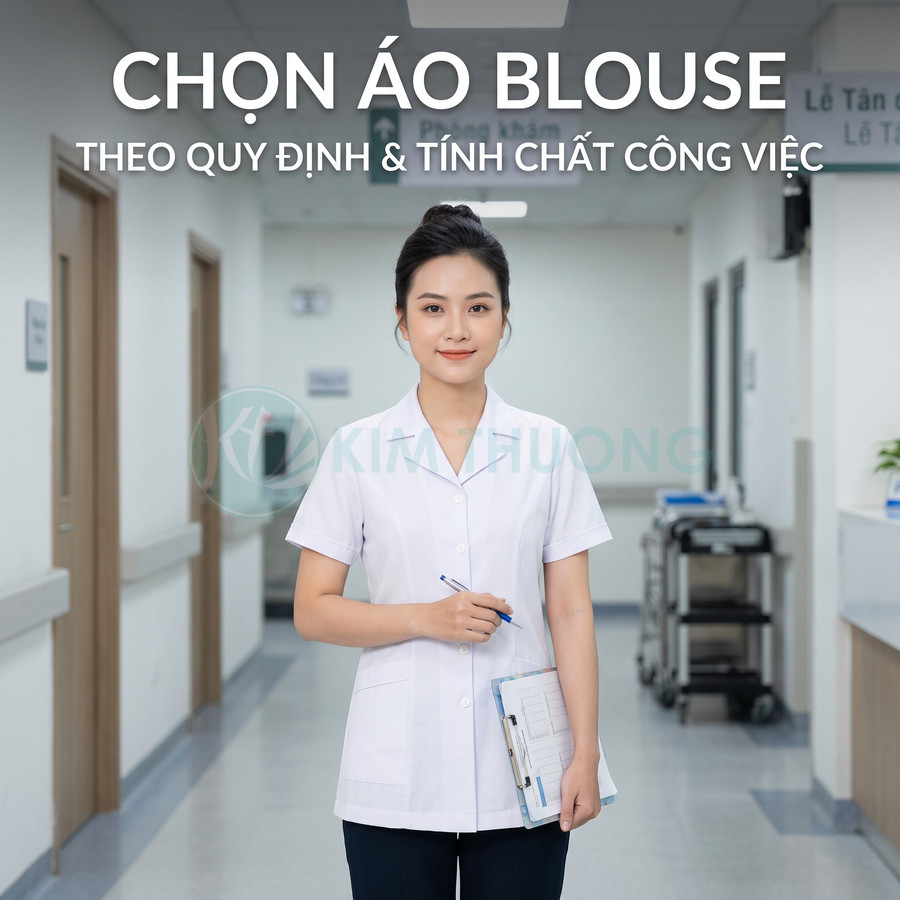 Nữ nhân viên y tế mặc áo blouse trắng tay ngắn cầm bút và hồ sơ đứng trong hành lang bệnh viện