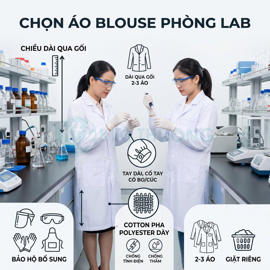 Hai nữ kỹ thuật viên mặc áo blouse phòng lab trắng dài qua gối, tay dài, làm việc trong phòng thí nghiệm