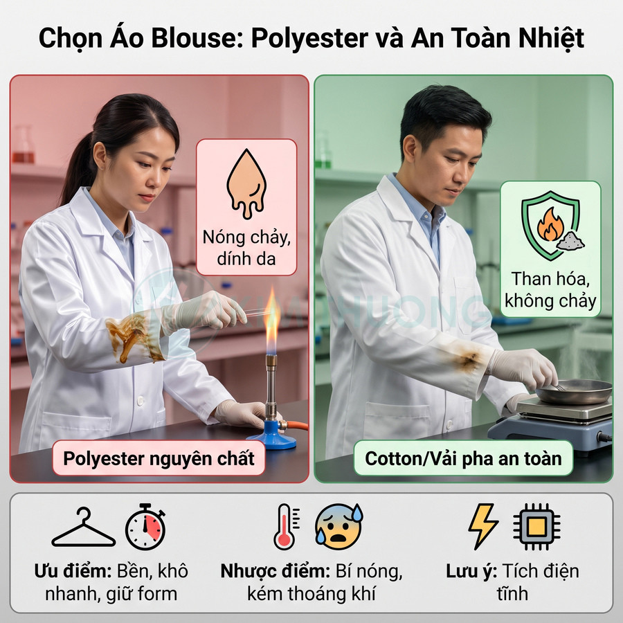 So sánh áo blouse polyester dễ nóng chảy với áo blouse cotton hoặc vải pha an toàn hơn khi gặp nhiệt