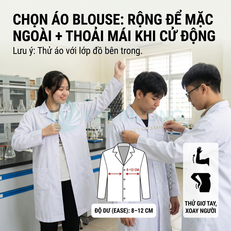 Nhân viên phòng thí nghiệm đo độ rộng áo blouse, hướng dẫn chọn áo rộng 8 đến 12 cm để dễ cử động
