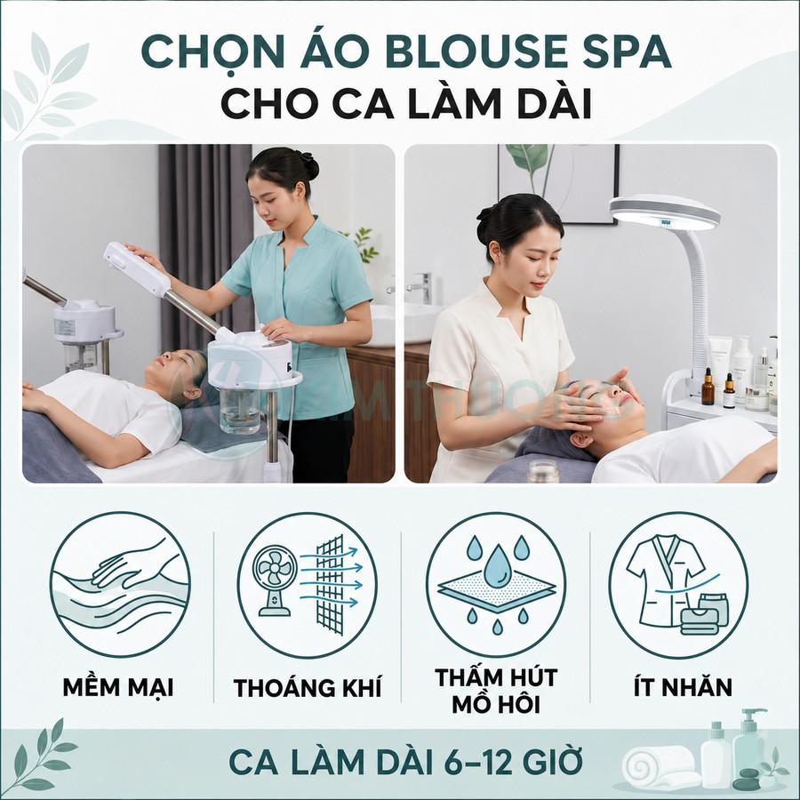 Áo blouse spa nữ màu xanh và kem cho kỹ thuật viên chăm sóc da ca làm dài 6 đến 12 giờ