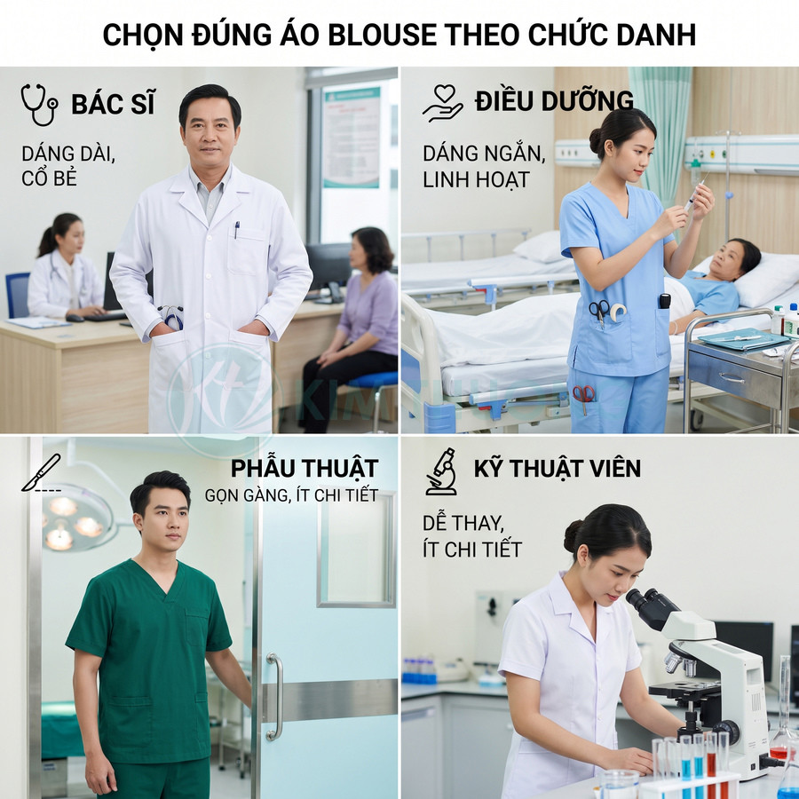 Các mẫu áo blouse bác sĩ, điều dưỡng, phẫu thuật, kỹ thuật viên với thiết kế phù hợp từng vị trí trong bệnh viện