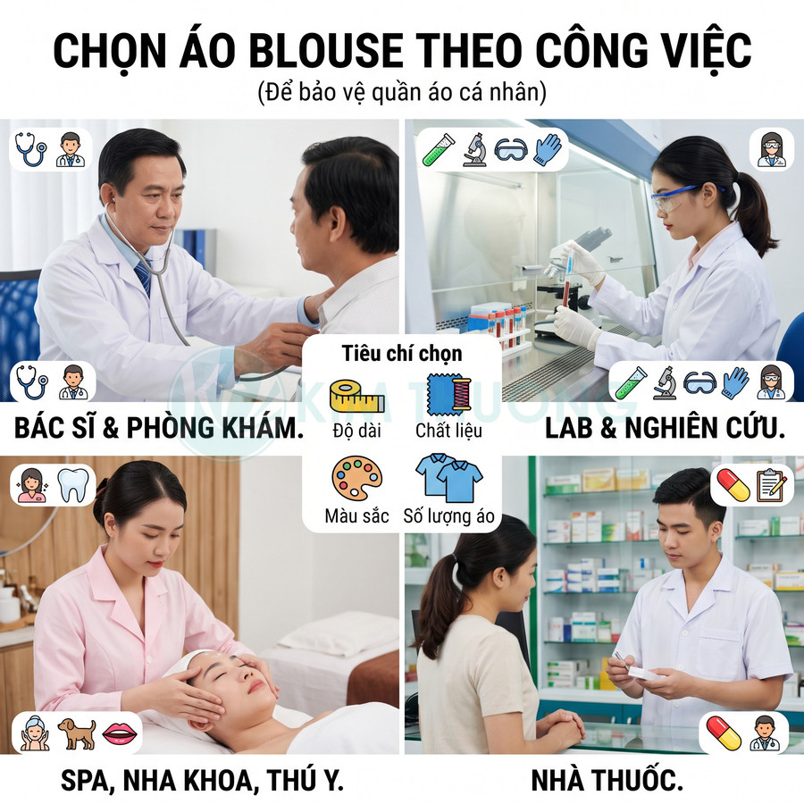 Các loại áo blouse trắng cho bác sĩ, phòng khám, lab nghiên cứu, spa nha khoa thú y và nhà thuốc