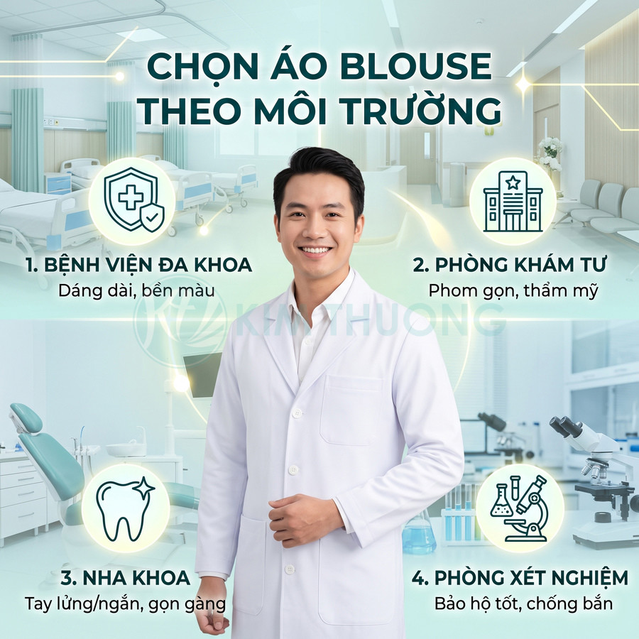 Áo blouse bác sĩ trắng dáng dài cho bệnh viện, phòng khám, nha khoa và phòng xét nghiệm