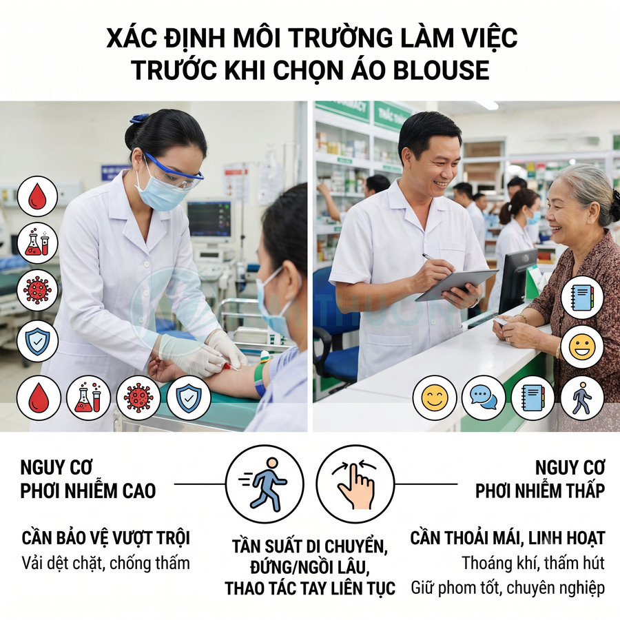 Nhân viên y tế và dược sĩ mặc áo blouse trắng tư vấn, lấy mẫu xét nghiệm cho bệnh nhân trong môi trường bệnh viện, nhà thuốc