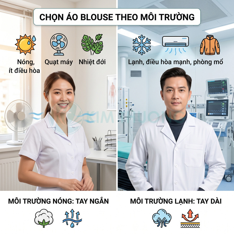Áo blouse tay ngắn cho môi trường nóng và áo blouse tay dài cho môi trường lạnh trong bệnh viện