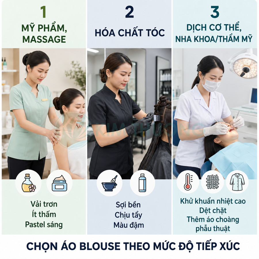 Nhân viên spa, làm tóc và nha khoa mặc các mẫu áo blouse chuyên dụng theo từng mức độ tiếp xúc