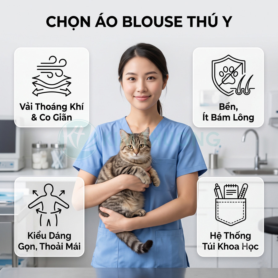 Nữ bác sĩ thú y mặc áo blouse xanh ôm mèo, giới thiệu áo blouse thú y thoáng khí bền đẹp