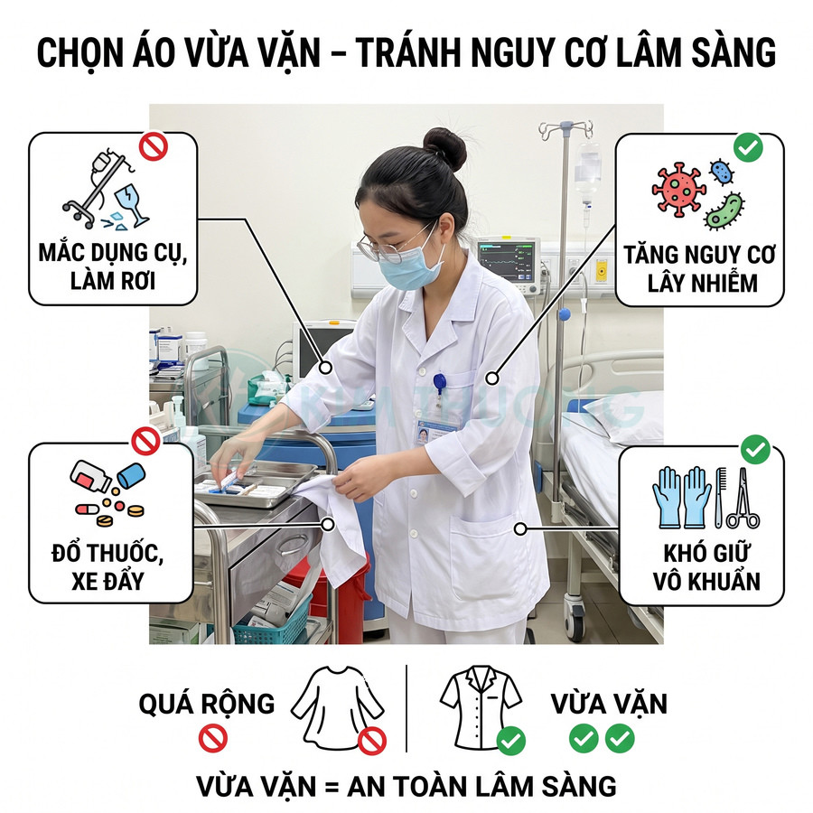 Điều dưỡng mặc áo blouse trắng vừa vặn, đeo khẩu trang làm việc tại phòng bệnh, minh họa lợi ích áo vừa vặn an toàn lâm sàng