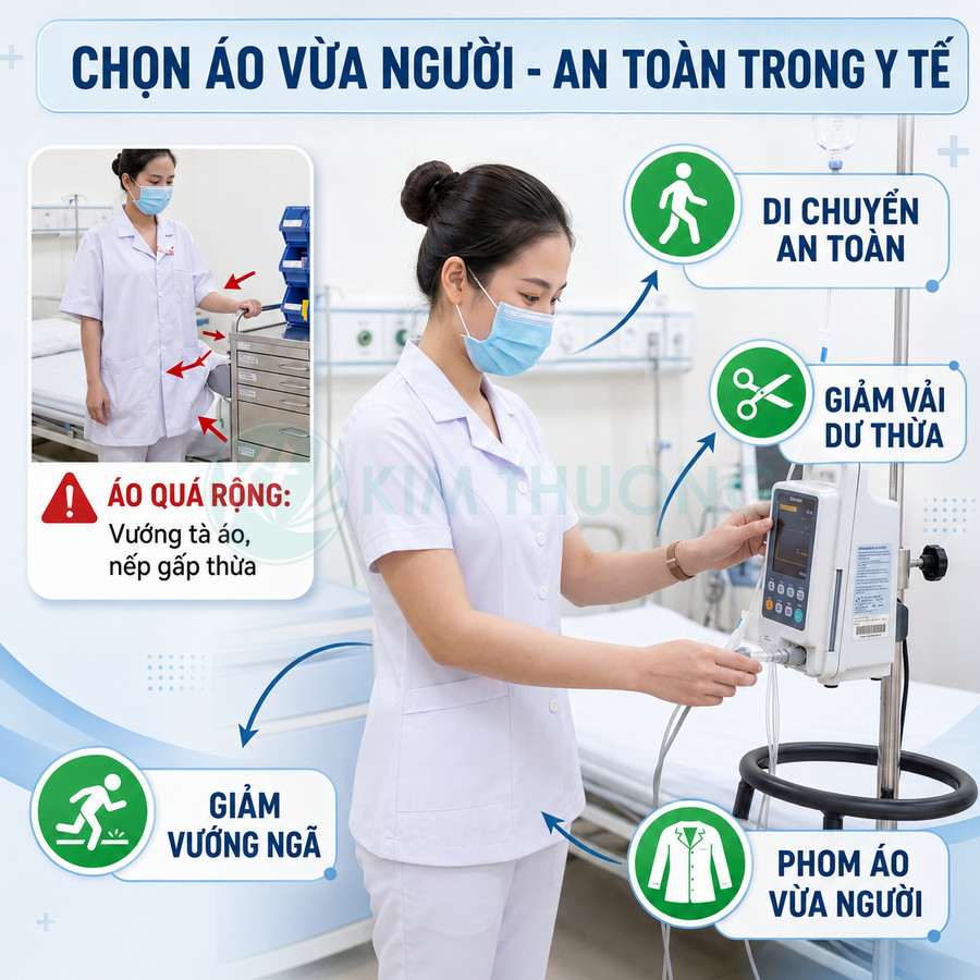 Nữ y tá mặc đồng phục y tế trắng vừa người, gọn gàng khi thao tác với máy truyền dịch trong bệnh viện