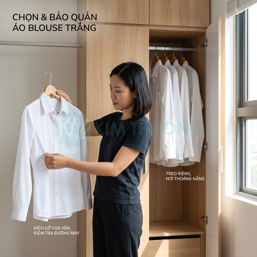 Người phụ nữ kiểm tra áo blouse trắng treo trên móc trước tủ quần áo gỗ gọn gàng