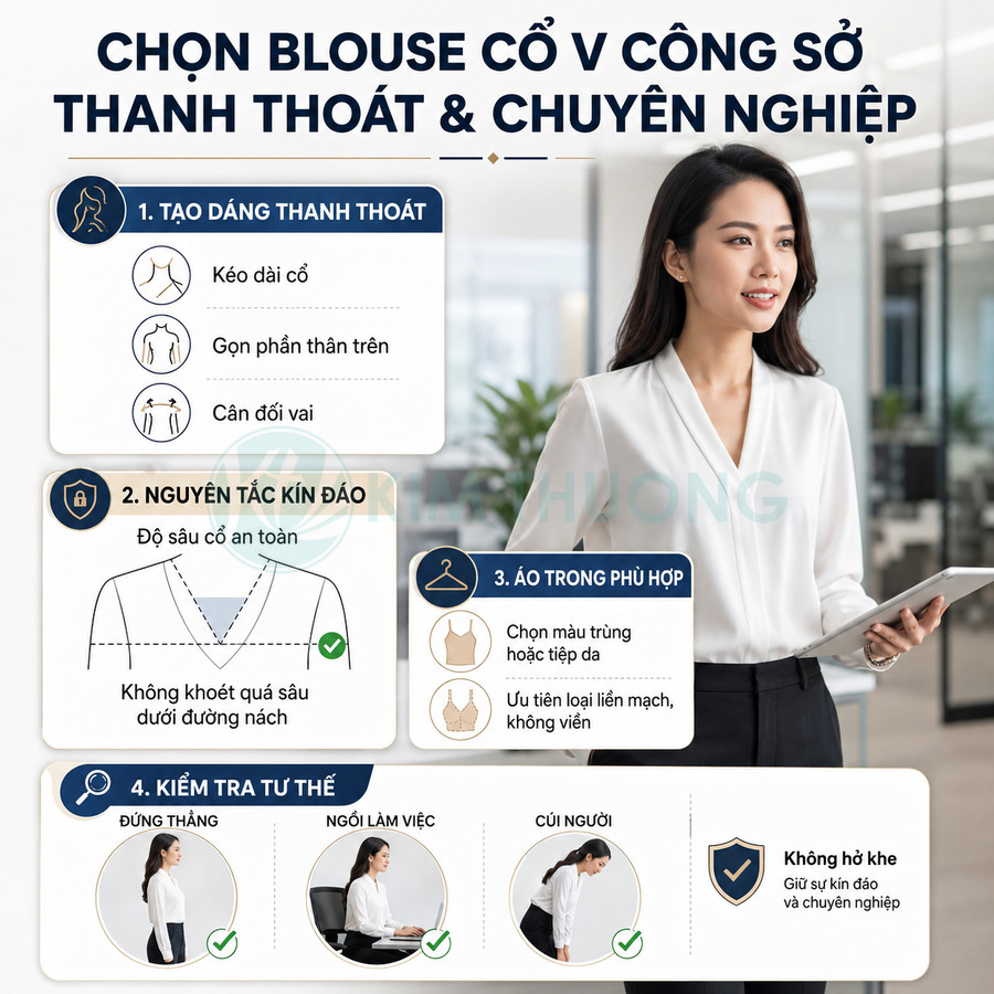 Nữ nhân viên văn phòng mặc áo blouse cổ V trắng thanh lịch, tay dài, phối quần tây đen cầm máy tính bảng