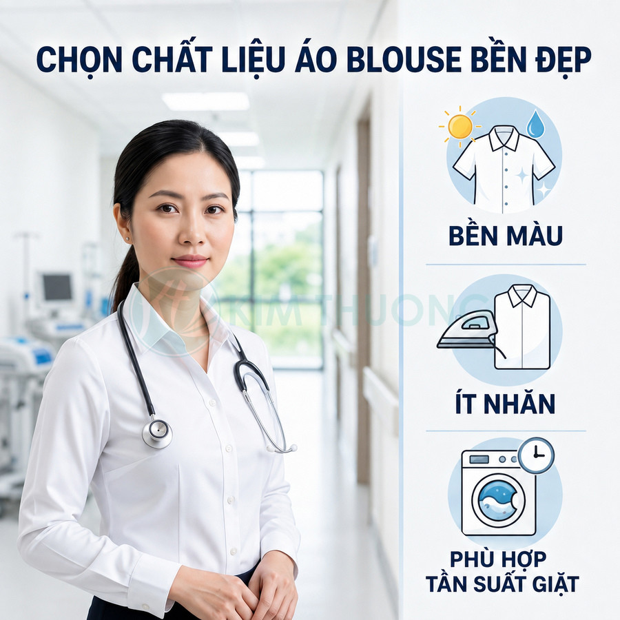 Bác sĩ mặc áo blouse trắng đứng trong bệnh viện, giới thiệu ưu điểm chất liệu áo bền màu ít nhăn dễ giặt