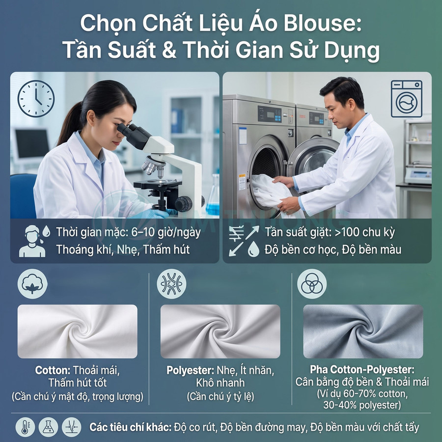 Hướng dẫn chọn vải áo blouse cotton, polyester hoặc pha cotton polyester theo thời gian mặc và tần suất giặt