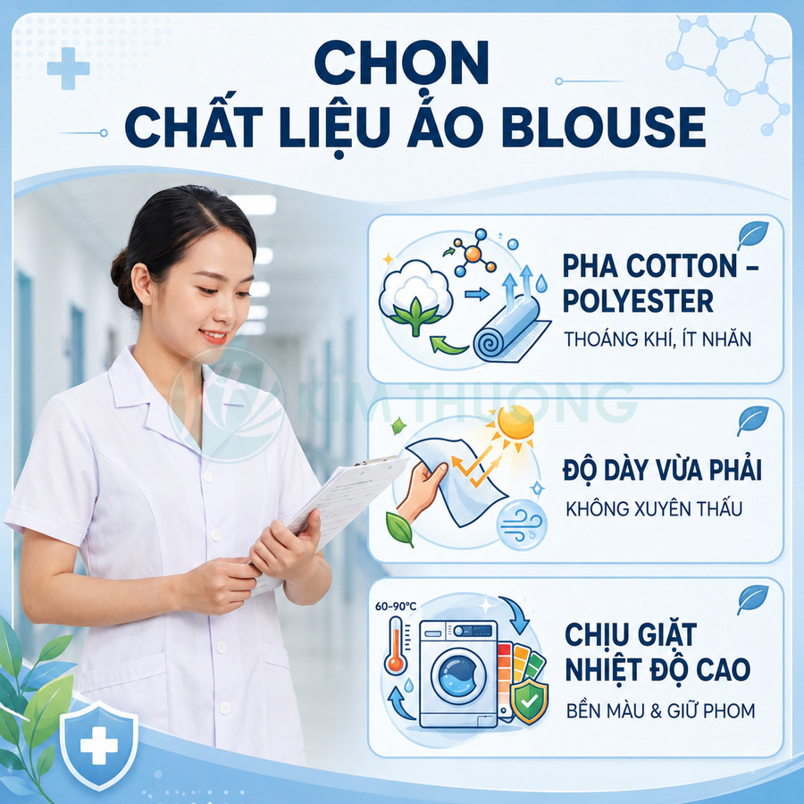Nữ y tá mặc áo blouse trắng chất liệu cotton polyester đứng trong hành lang bệnh viện cầm bảng hồ sơ