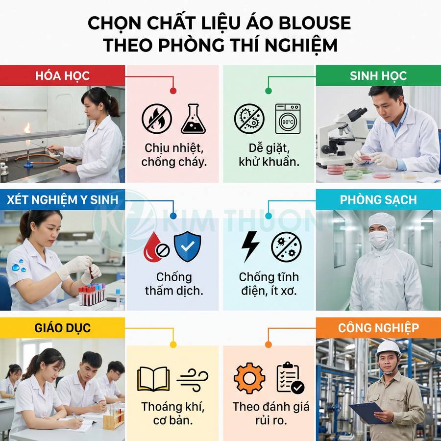 Tiêu chí chọn chất liệu áo blouse cho phòng hóa học, sinh học, xét nghiệm y sinh, phòng sạch, giáo dục và công nghiệp