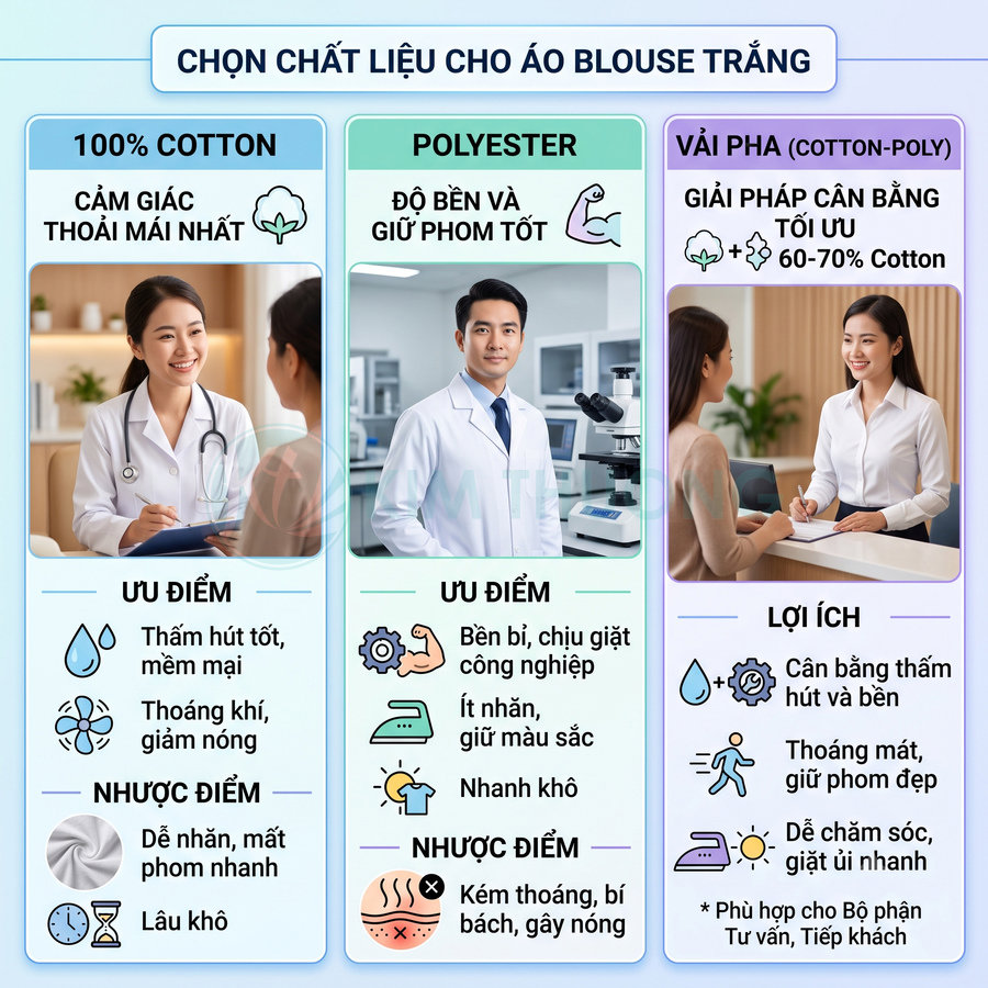 So sánh chất liệu áo blouse trắng cotton polyester và vải pha cùng ưu nhược điểm cho nhân viên y tế