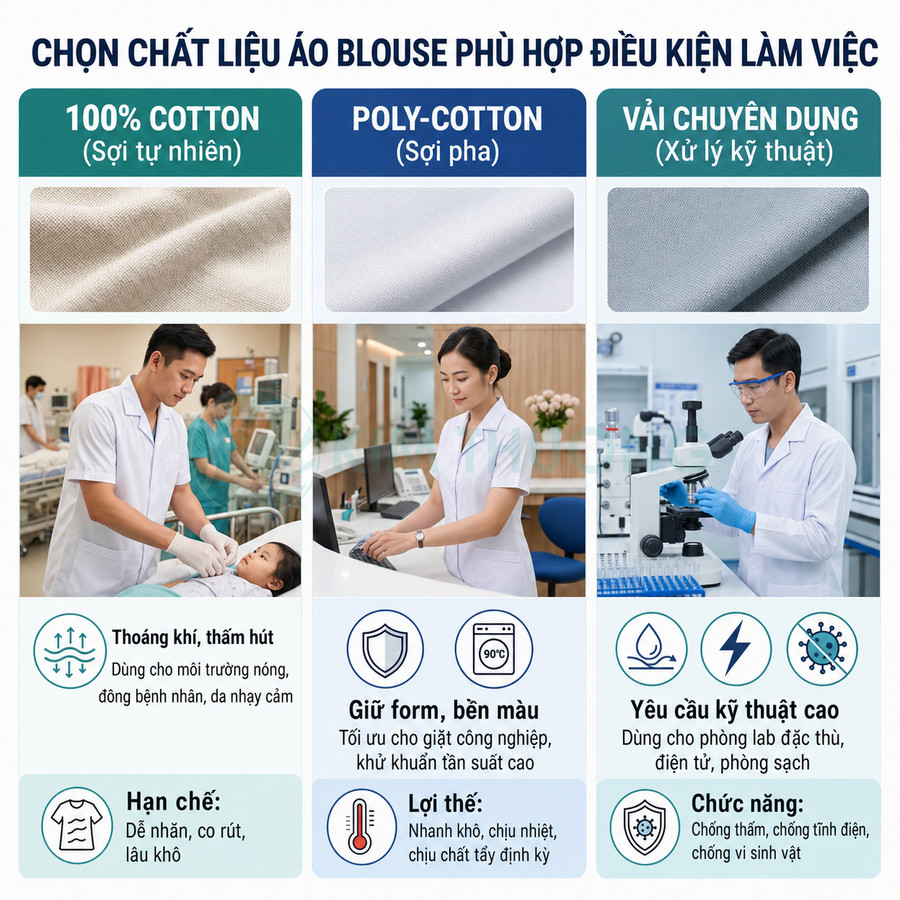 So sánh chất liệu áo blouse 100% cotton, poly cotton và vải chuyên dụng cho bác sĩ và nhân viên y tế
