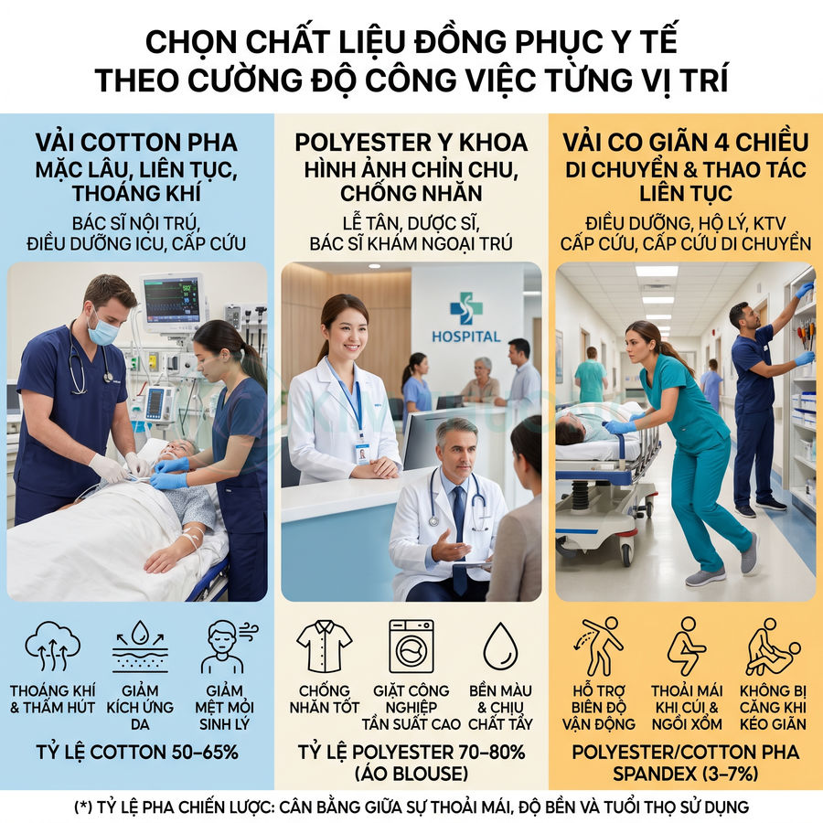 So sánh các loại vải cotton, polyester và vải co giãn 4 chiều cho đồng phục y tế bác sĩ điều dưỡng