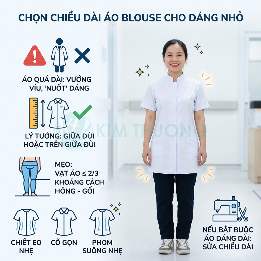 Nhân viên y tế dáng nhỏ mặc áo blouse trắng dáng dài vừa đùi, quần tối màu và giày thể thao trong bệnh viện