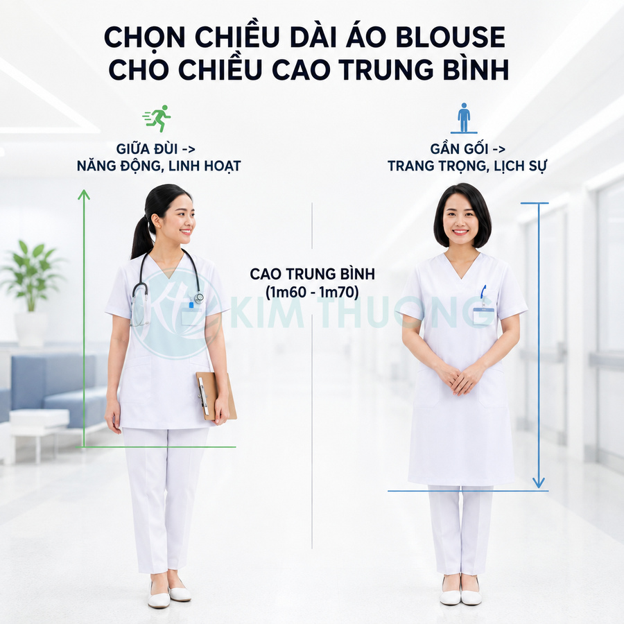 Hai mẫu áo blouse y tá trắng cho nữ chiều cao trung bình với độ dài giữa đùi và gần gối