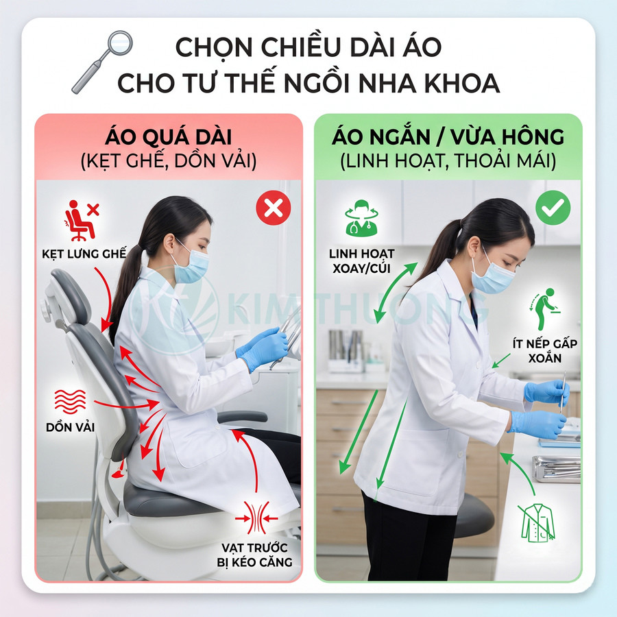 So sánh áo blouse nha khoa dài và áo ngắn vừa hông giúp bác sĩ ngồi làm việc thoải mái