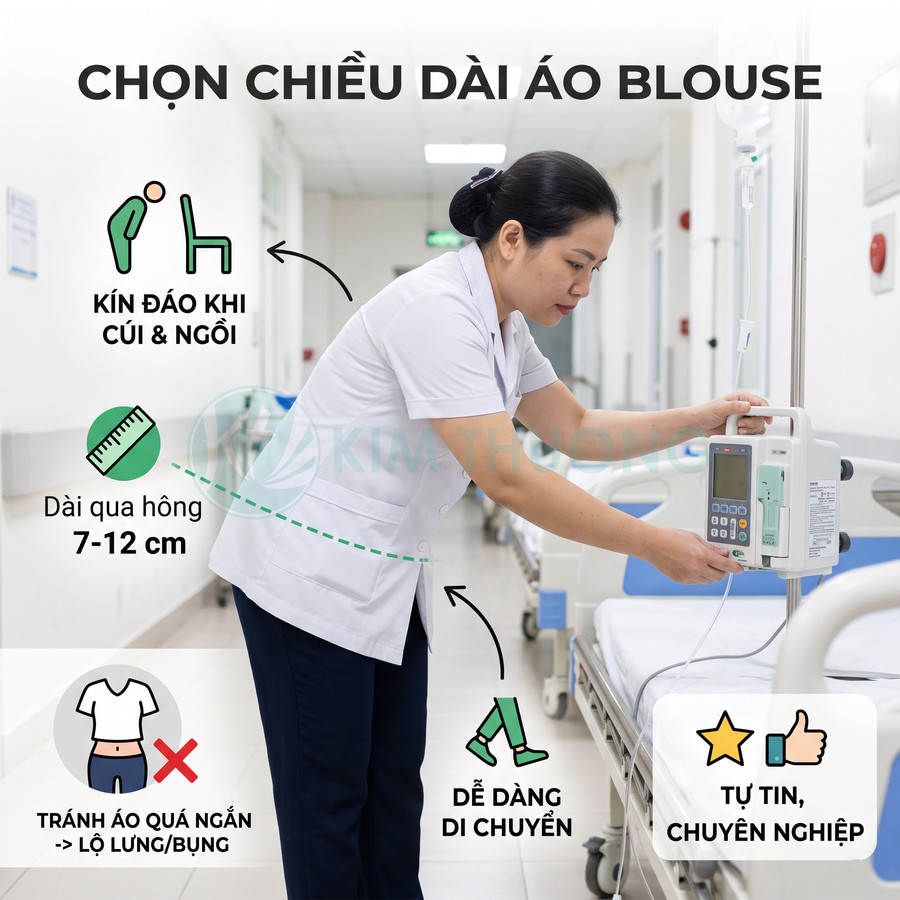 Nữ y tá mặc áo blouse trắng dài qua hông đang điều chỉnh máy truyền dịch trong phòng bệnh viện