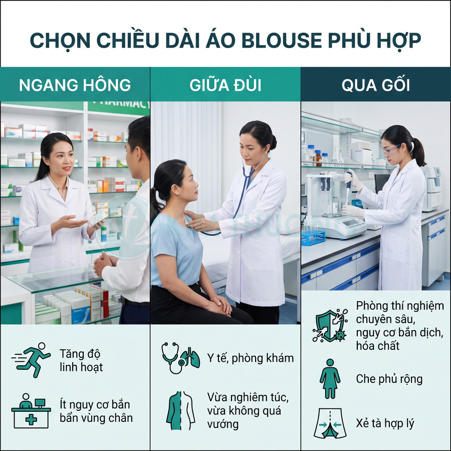 Các kiểu áo blouse trắng nữ dài ngang hông, giữa đùi và qua gối cho dược sĩ, bác sĩ, kỹ thuật viên phòng thí nghiệm