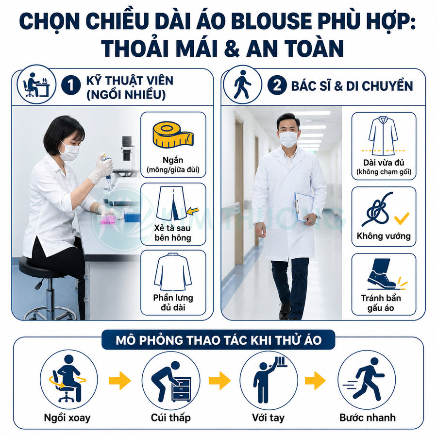 Hướng dẫn chọn chiều dài áo blouse y tế phù hợp cho kỹ thuật viên ngồi nhiều và bác sĩ di chuyển nhiều