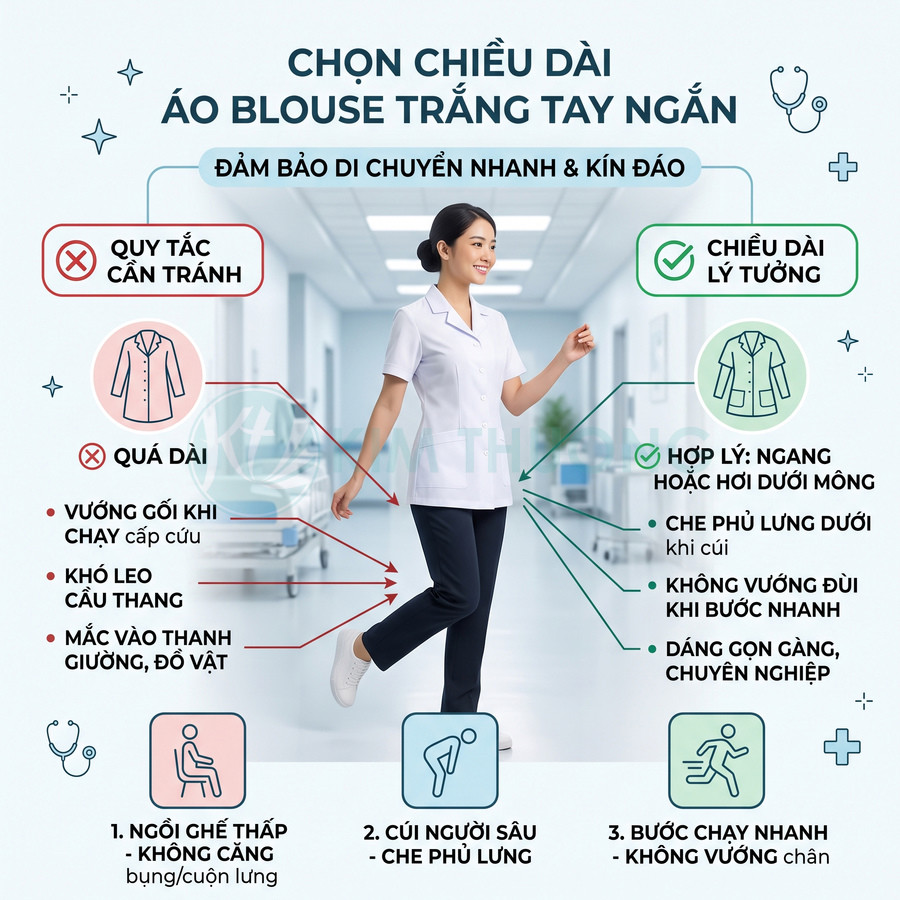 Nữ điều dưỡng mặc áo blouse trắng tay ngắn dáng vừa vặn và quần tối màu trong hành lang bệnh viện