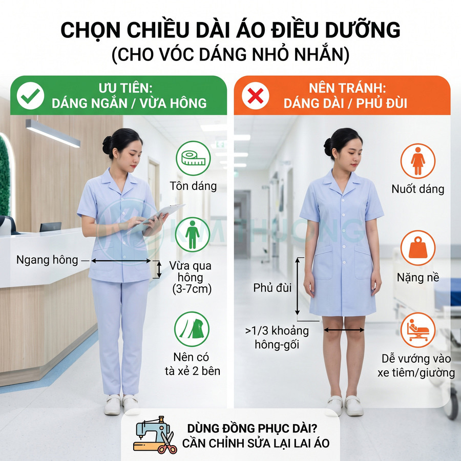 So sánh đồng phục điều dưỡng dáng ngắn vừa hông và dáng dài phủ đùi cho nữ vóc dáng nhỏ nhắn