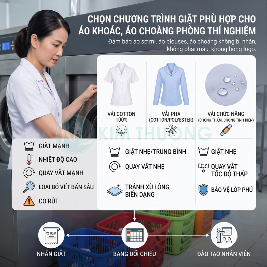 Hướng dẫn chọn chương trình giặt áo blouse phòng thí nghiệm theo chất liệu vải cotton, pha và vải chức năng